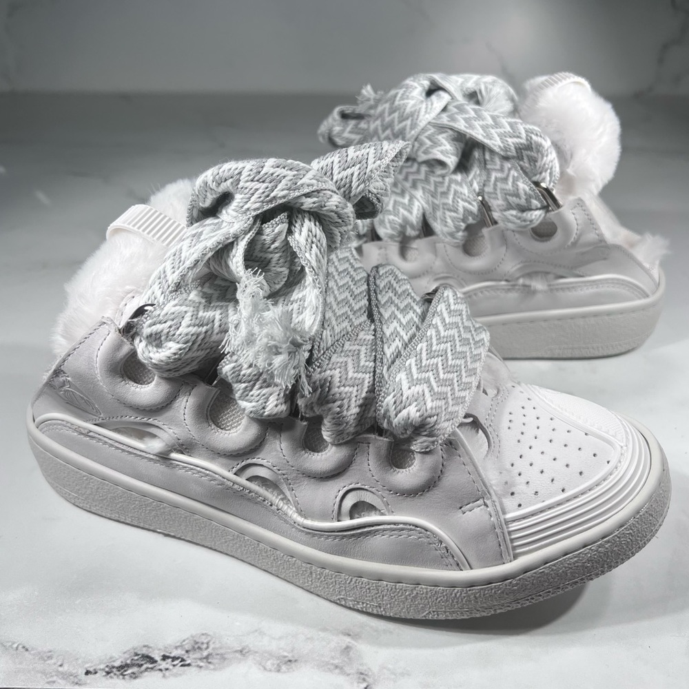 Lanvin Curb White Leather Fur Lined Mules Sneakers